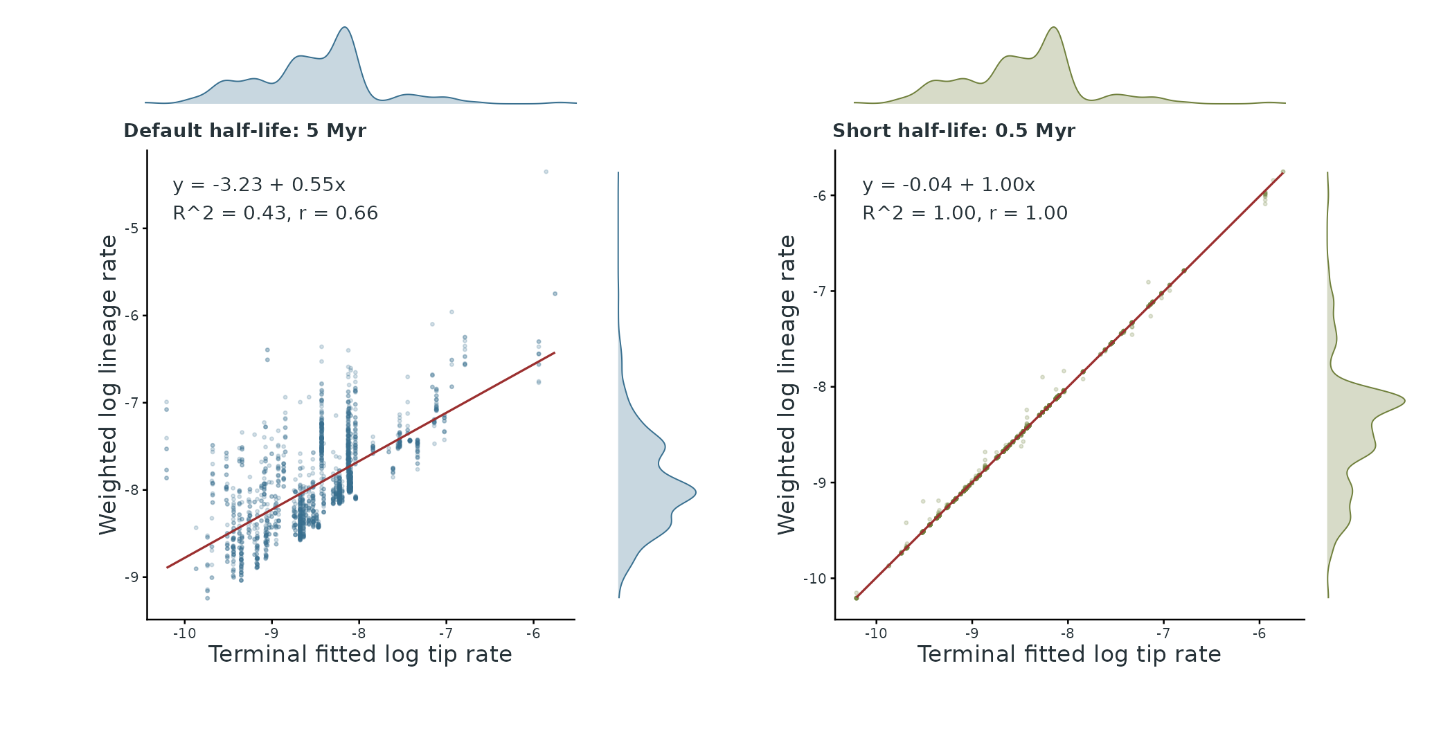 **Figure 2. Decay strength controls how closely weighted lineage rates track terminal fitted log tip rates.** Left: the 5 Myr half-life used by Berv et al. (2026) retains more root-to-tip history. Right: a short 0.5 Myr half-life heavily emphasizes recent branches, so the weighted lineage summary nearly collapses onto the terminal log tip-rate summary.