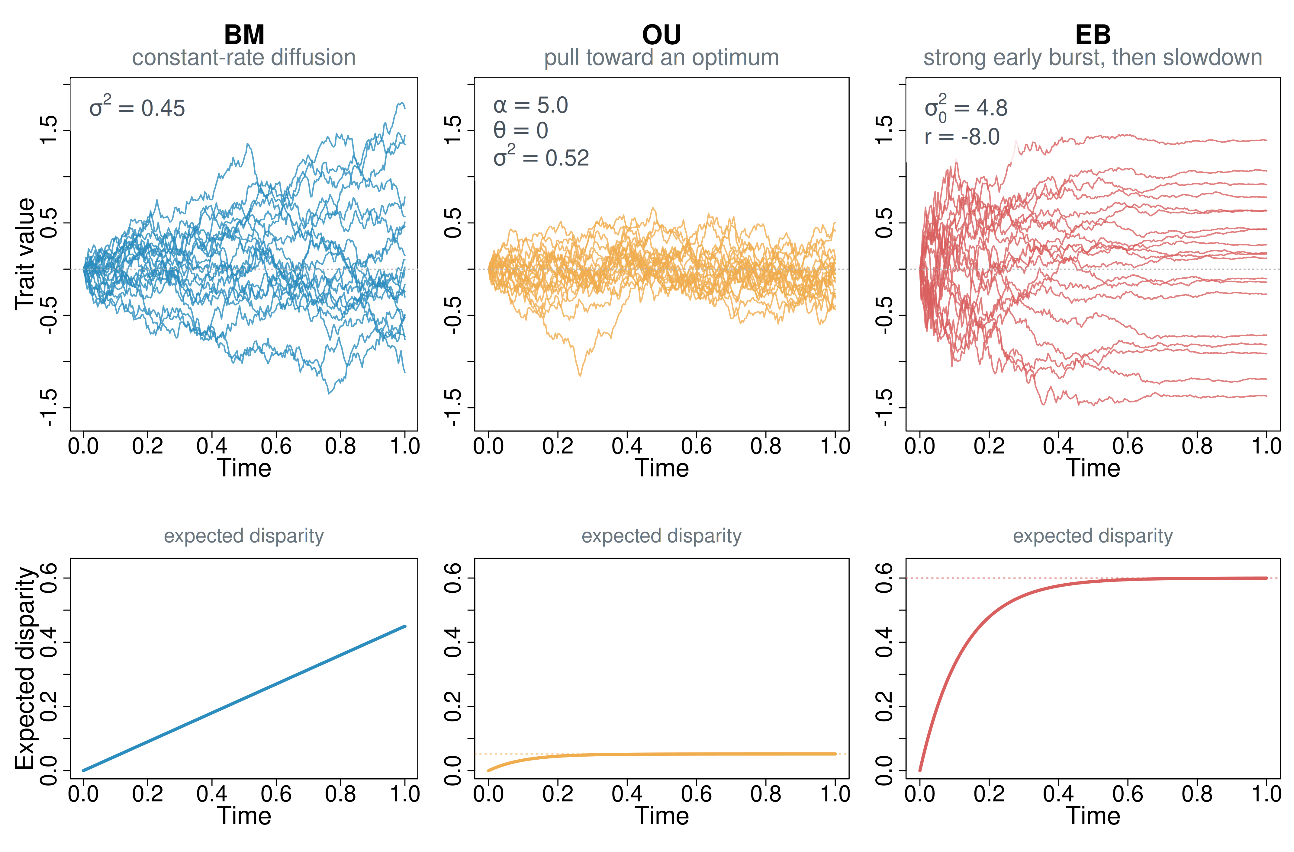 Six panels arranged in two rows and three columns. Top row shows BM, OU, and EB simulated trajectories through time. Bottom row shows the corresponding theoretical expected disparity curves: BM rises linearly, OU rises then plateaus, and EB rises quickly early and then flattens.