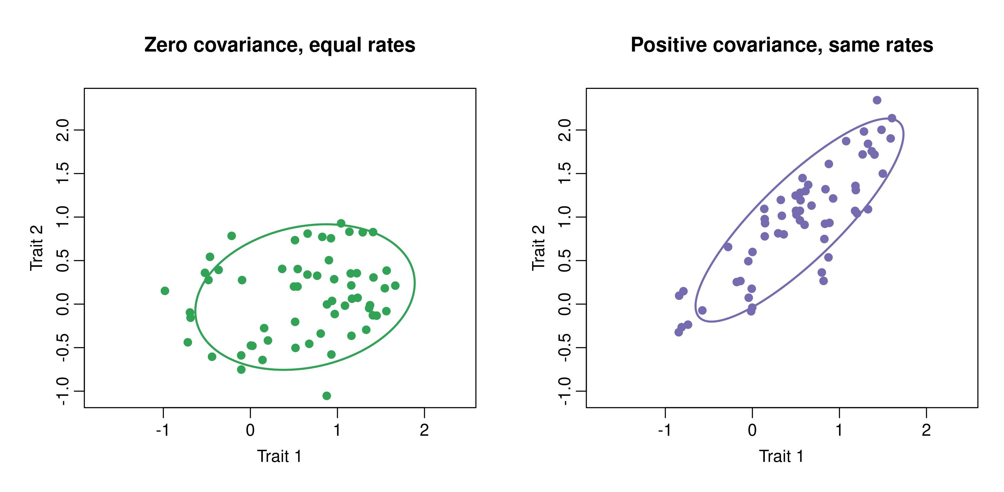 Two scatterplots of simulated two-trait data with matched diagonal rates. The left plot forms a diffuse, roughly circular cloud with zero modeled covariance, while the right plot is elongated along a diagonal axis because of positive covariance.